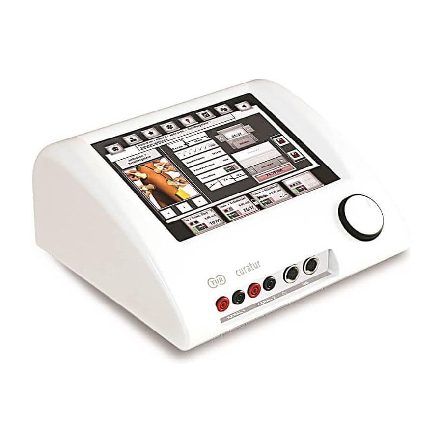 TUR Curatur 701 Therapiegerät für Elektrotherapie zur Schmerzbehandlung, zeigt das medizinische Gerät mit Displays und Kabeln