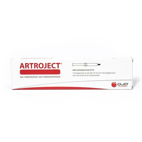 Sterile ARTROJECT Hyaluronsäure Gelenkspritze 50mg/10ml für Arthrose von ORMED GmbH, injiziert in das Gelenk