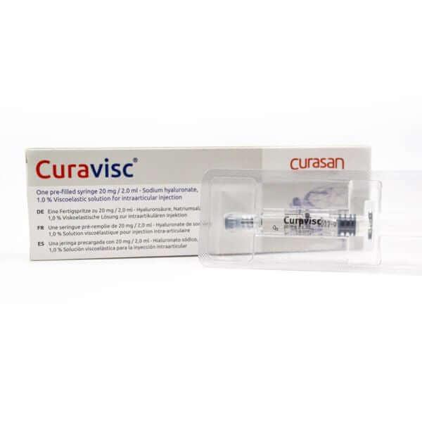 Gelenkspritze Curavisc 20mg/2ml Hyaluronsäure von Curasan AG für Arthrose, mit klarer Injektionsspritze und Inhaltsstoff.