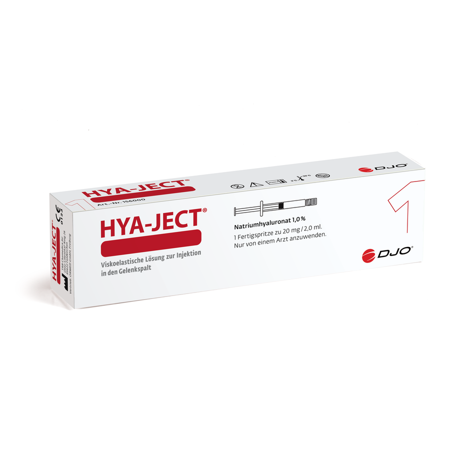 HYA-JECT 20mg/2ml Hyaluronsäure Gelenkspritze von TRB Chemedica AG, injizierte Hyaluronsäure gegen Arthrose in einem medizinischen Setting.