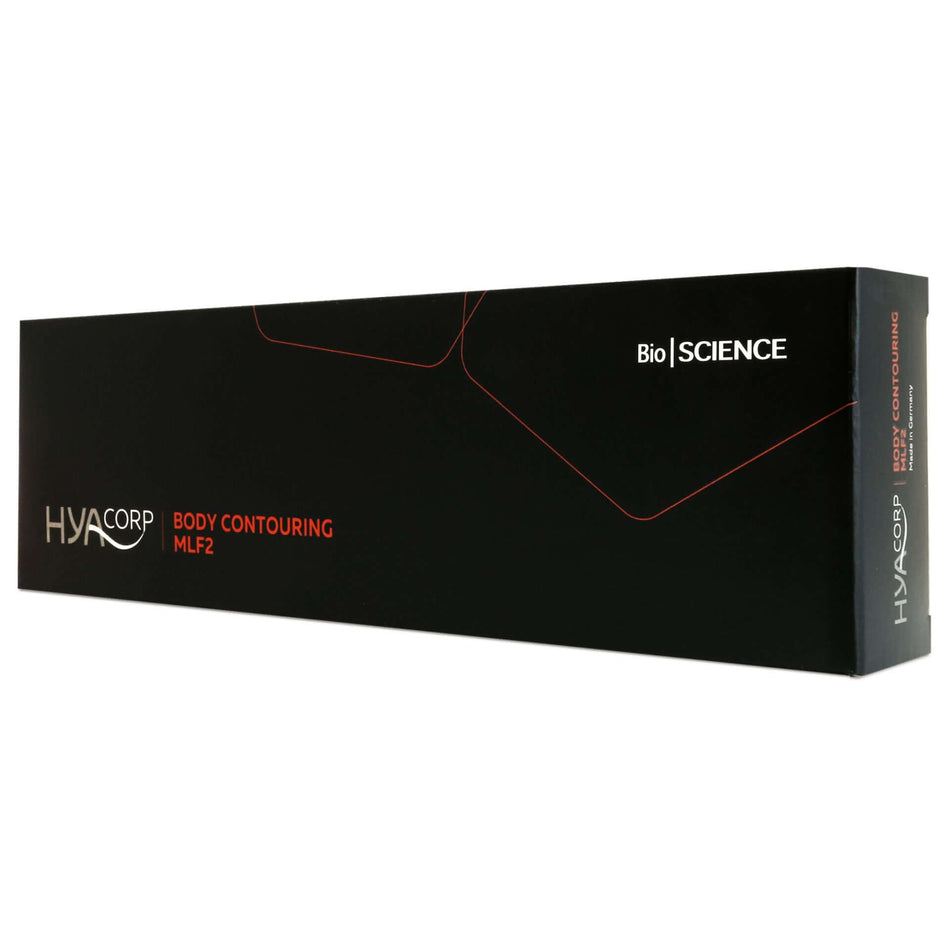 HYAcorp Body Contouring MLF 2 dermal filler in a 10 ml syringe, showcasing the packaging and product details.