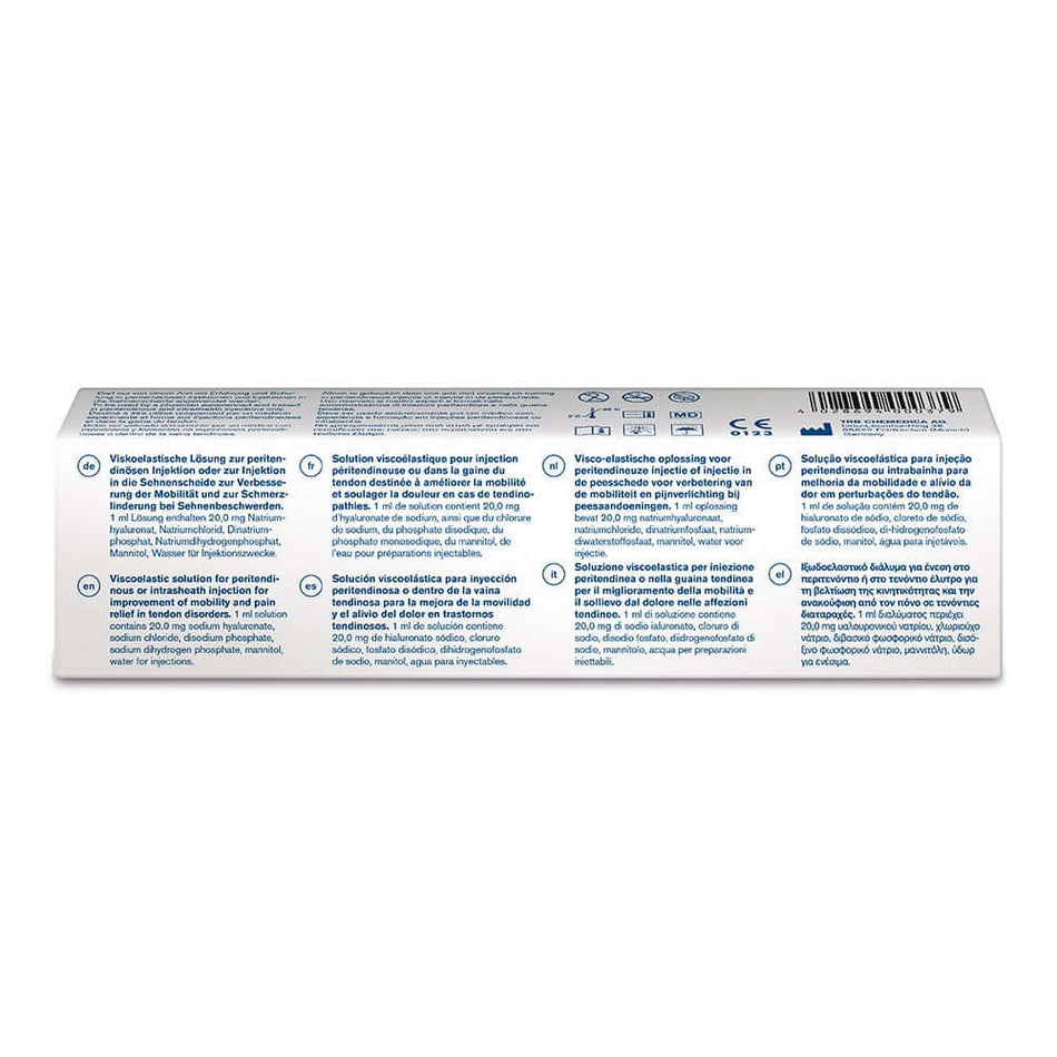 Ostenil Tendon Hyaluronsäure Gelenkspritze von TRB Chemedica, 40 mg/2 ml, Rückseite mit Produktinformationen sichtbar.