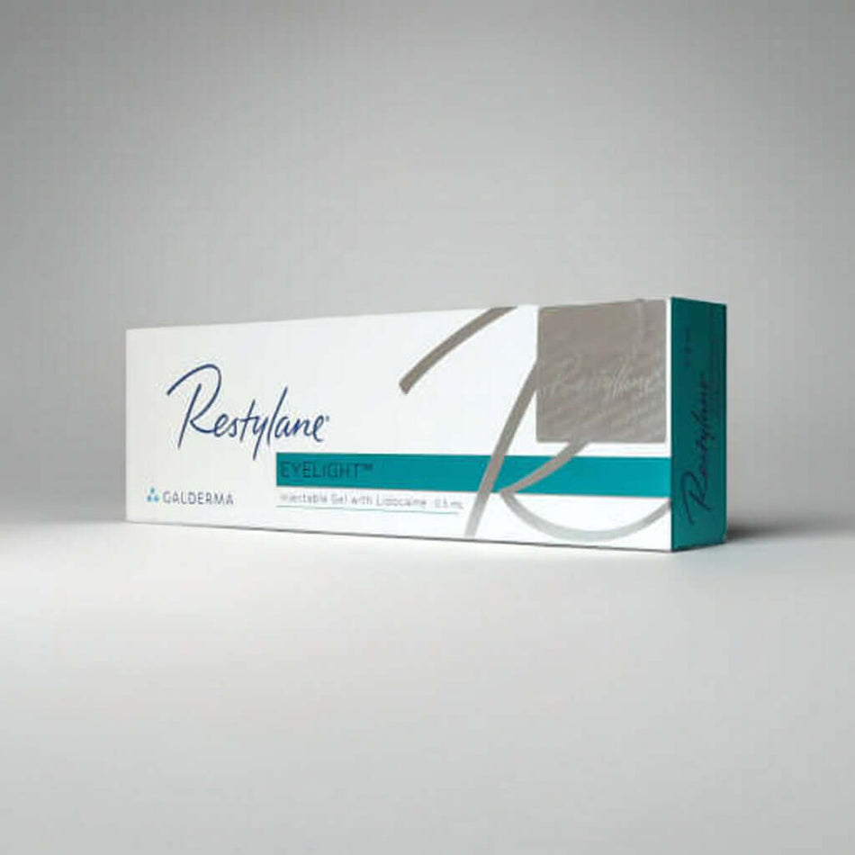 Restylane Eyelight 0.5ml dermal filler by Galderma for under-eye area, featuring smooth texture and sterile packaging.