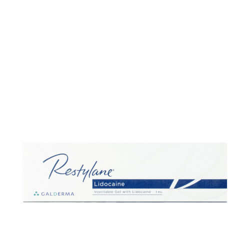 Restylane Lidocaine 1ml dermal filler by Galderma, featuring hyaluronic acid gel for aesthetic treatments.