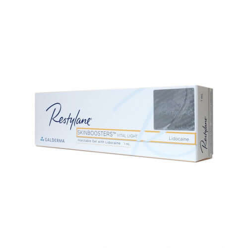 Restylane Vital Light 1ml dermal filler by Galderma for skin regeneration with hyaluronic acid and lidocaine.