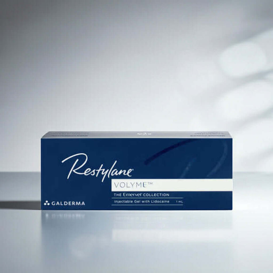 Restylane Volyme Lidocaine 1ml box of hyaluronic acid dermal filler by Galderma for facial volume enhancement.