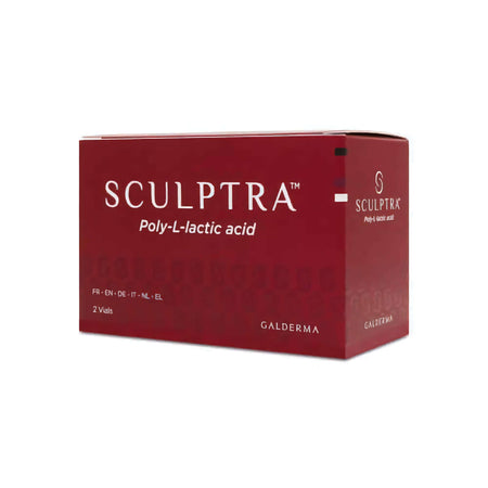 Zwei Fläschchen Sculptra mit Poly-L-Milchsäure von GALDERMA, Dermalfiller für Hautverjüngung und Kollagenstimulation.