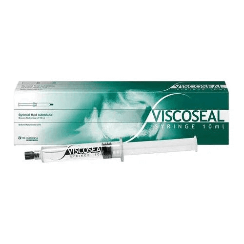 Viscoseal 50mg/10ml Hyaluronsäure Gelenkspritze von TRB Chemedica AG für Adhäsionsprophylaxe, klare Spritze mit Inhalt